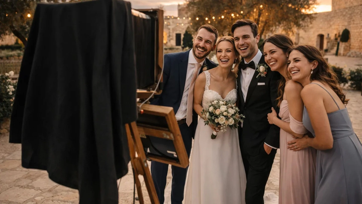 Sposi e amici sorridono accanto alla Gran Camera Booth durante il ricevimento, tra le luci del tramonto in Puglia
