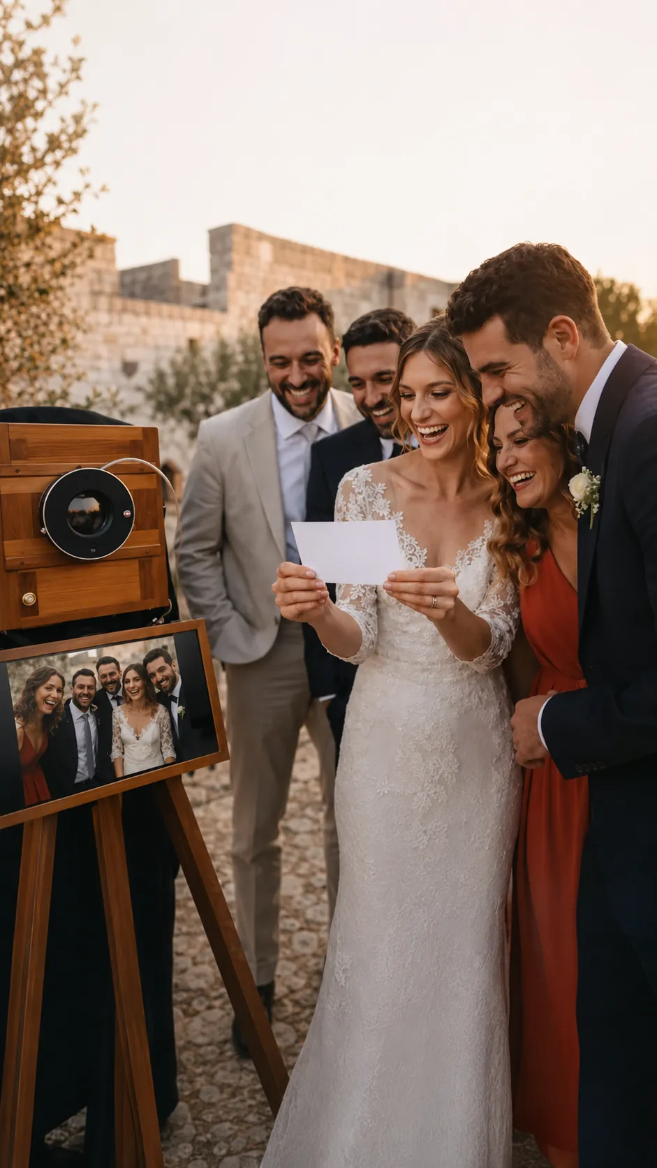 La Gran Camera Booth, la macchina fotografica d'epoca a grande formato, accanto agli sposi e agli ospiti che ridono guardando la stampa appena uscita, in una masseria pugliese al tramonto