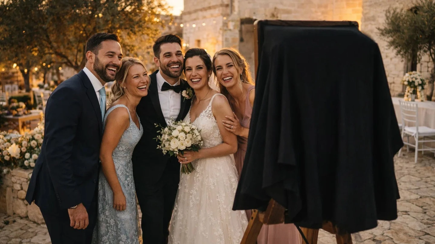Gruppo di invitati ride insieme accanto alla Gran Camera Booth in una masseria pugliese